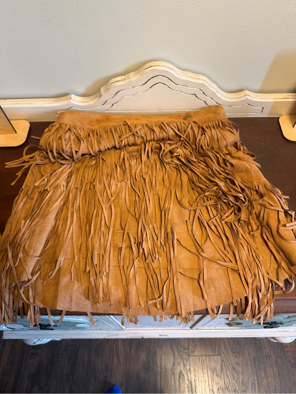 Fringed Suede Mini Skirt in Tan